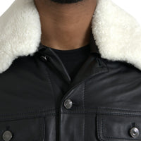 Dolce & Gabbana Black Leather Fur Collar Biker Coat Jacket