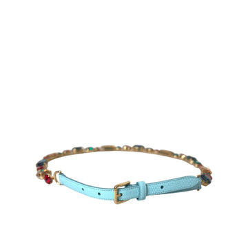 Dolce & Gabbana Light Blue Leather Crystal Chain Waist Belt