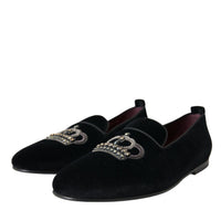 Dolce & Gabbana Black Velvet Crystal Crown Men Loafers Shoes