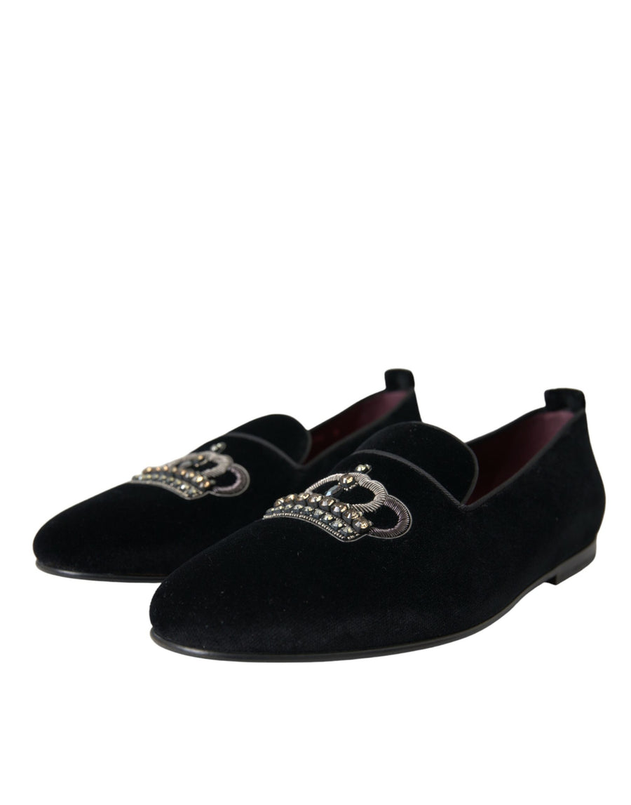 Dolce & Gabbana Black Velvet Crystal Crown Men Loafers Shoes