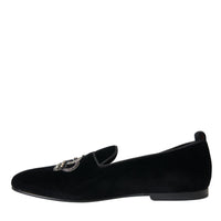 Dolce & Gabbana Black Velvet Crystal Crown Men Loafers Shoes