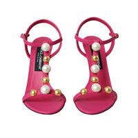 Dolce & Gabbana Pink Embellished Leather Sandals Heels Shoes