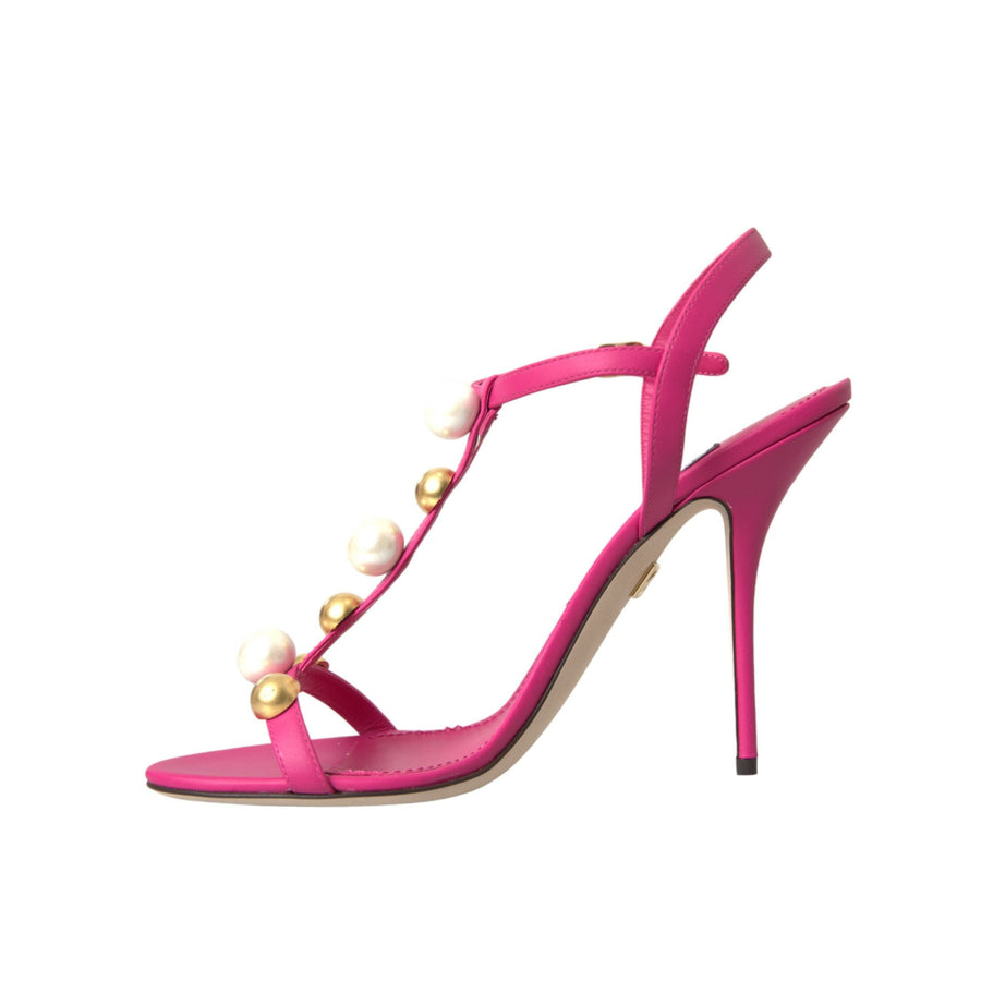 Dolce & Gabbana Pink Embellished Leather Sandals Heels Shoes