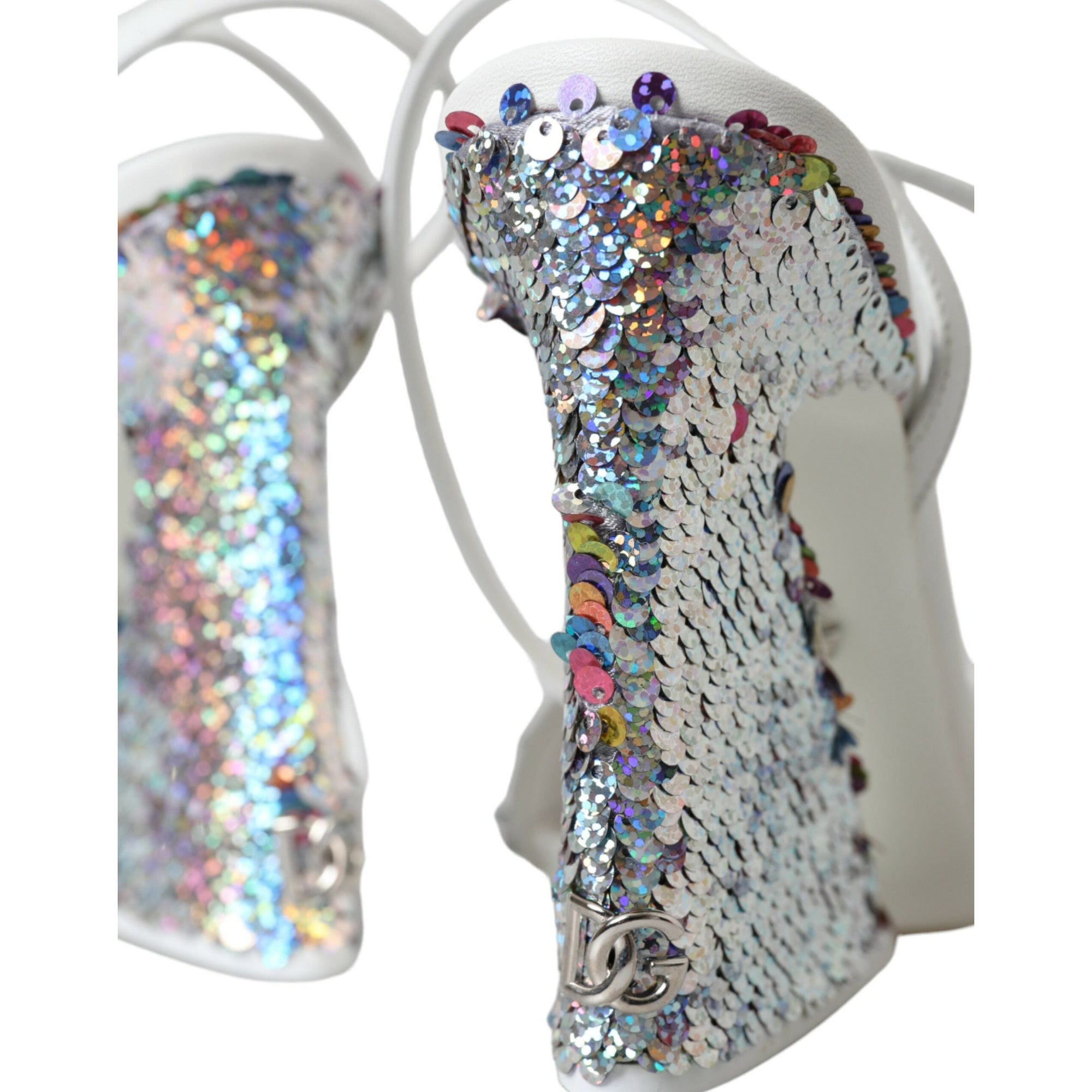 Dolce &amp; Gabbana White Silver Sequin Ankle Strap Sandals Shoes