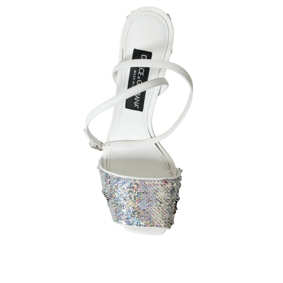 Dolce & Gabbana White Silver Sequin Ankle Strap Sandals Shoes