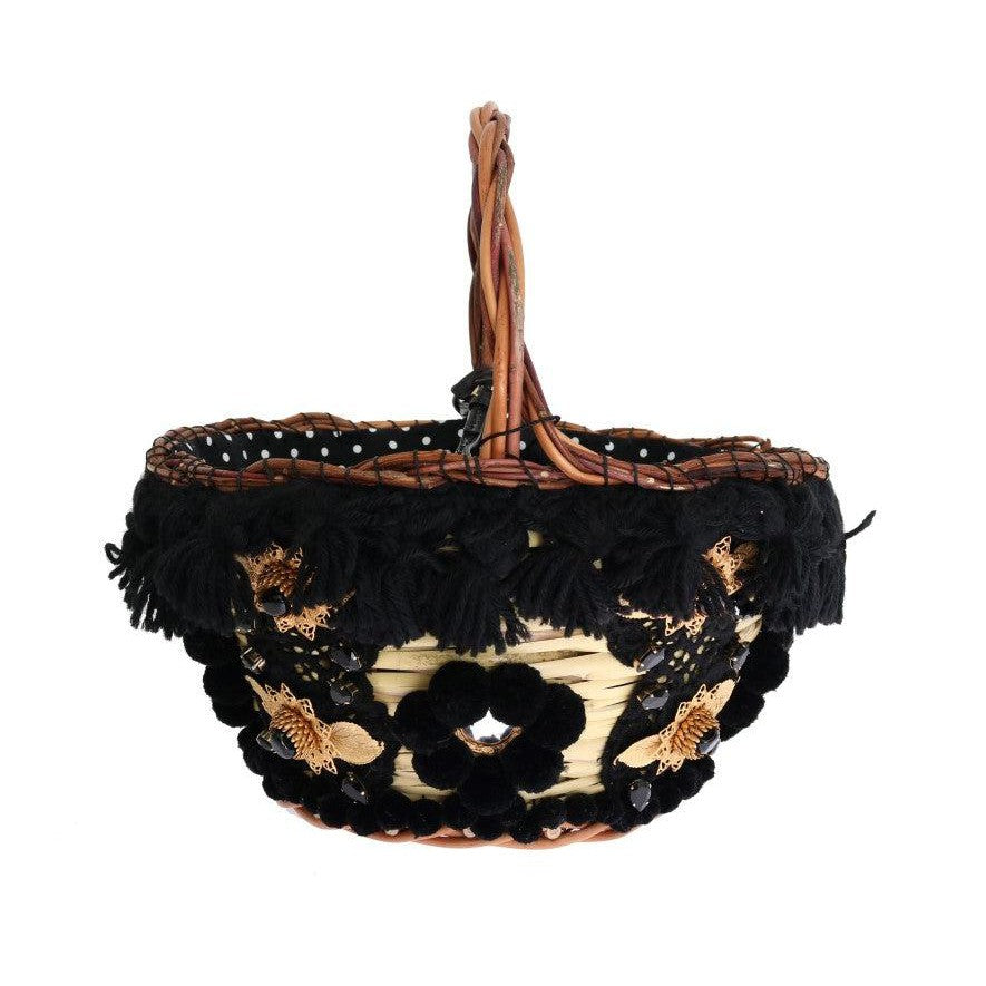 Dolce & Gabbana Chic Beige & Black Straw Snakeskin Bucket Bag