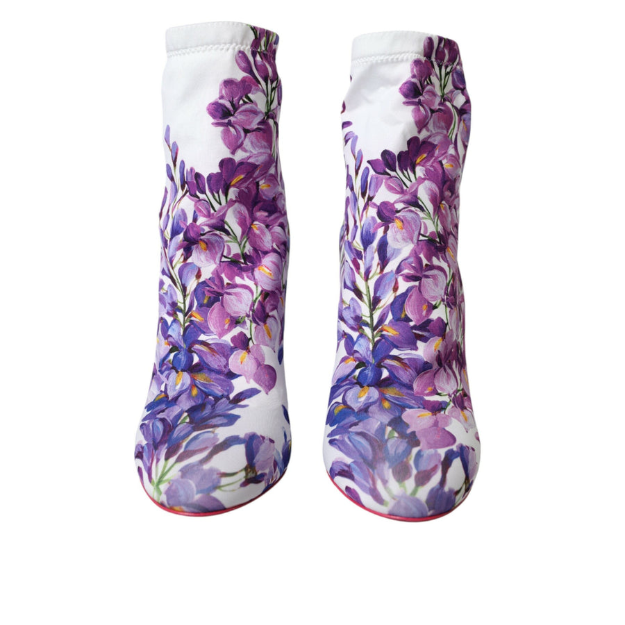 Dolce & Gabbana White Floral Jersey Stretch Boots Shoes