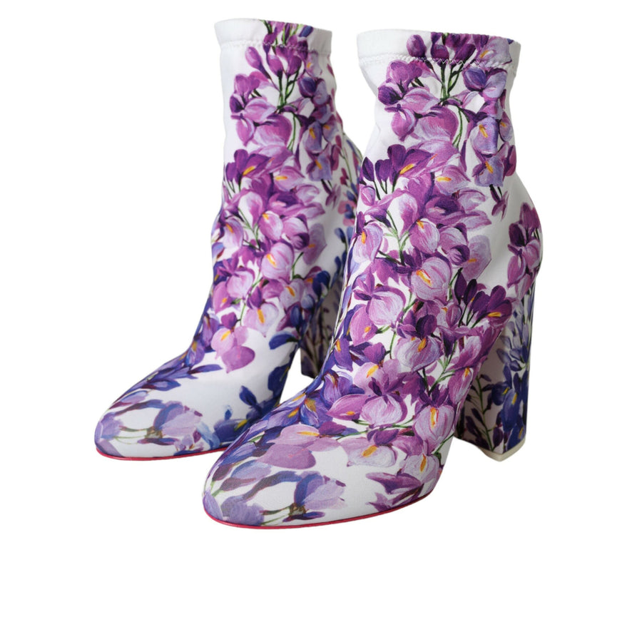 Dolce & Gabbana White Floral Jersey Stretch Boots Shoes