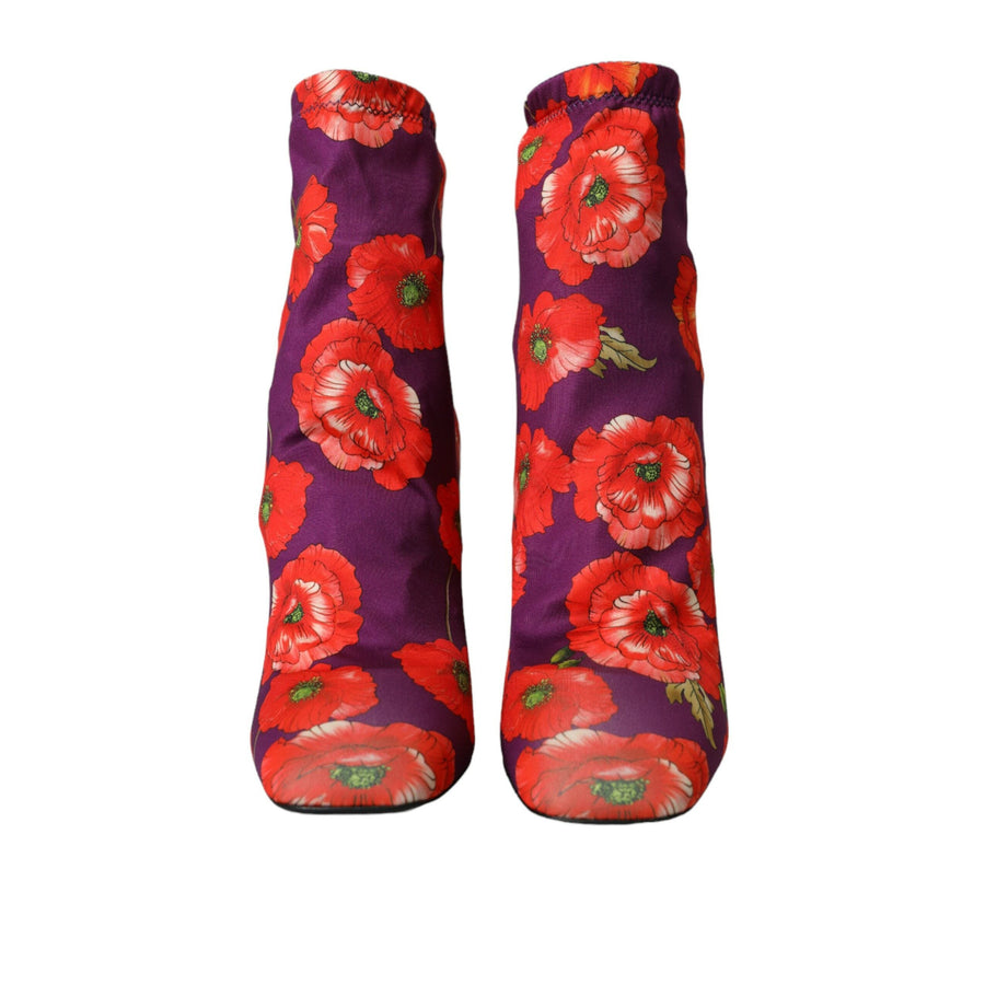 Dolce & Gabbana Purple Floral Jersey Stretch Boots Shoes