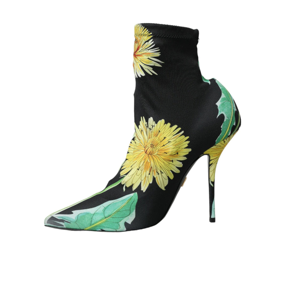 Dolce & Gabbana Black Floral Jersey Stretch Ankle Boots Shoes