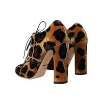 Dolce & Gabbana Brown Leopard Hair Lace Up Booties Shoes