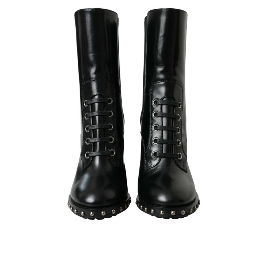 Dolce & Gabbana Black Leather Studded Lace Up Boots Shoes