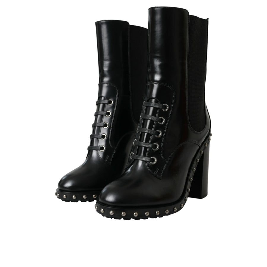 Dolce & Gabbana Black Leather Studded Lace Up Boots Shoes