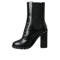 Dolce & Gabbana Black Leather Studded Lace Up Boots Shoes