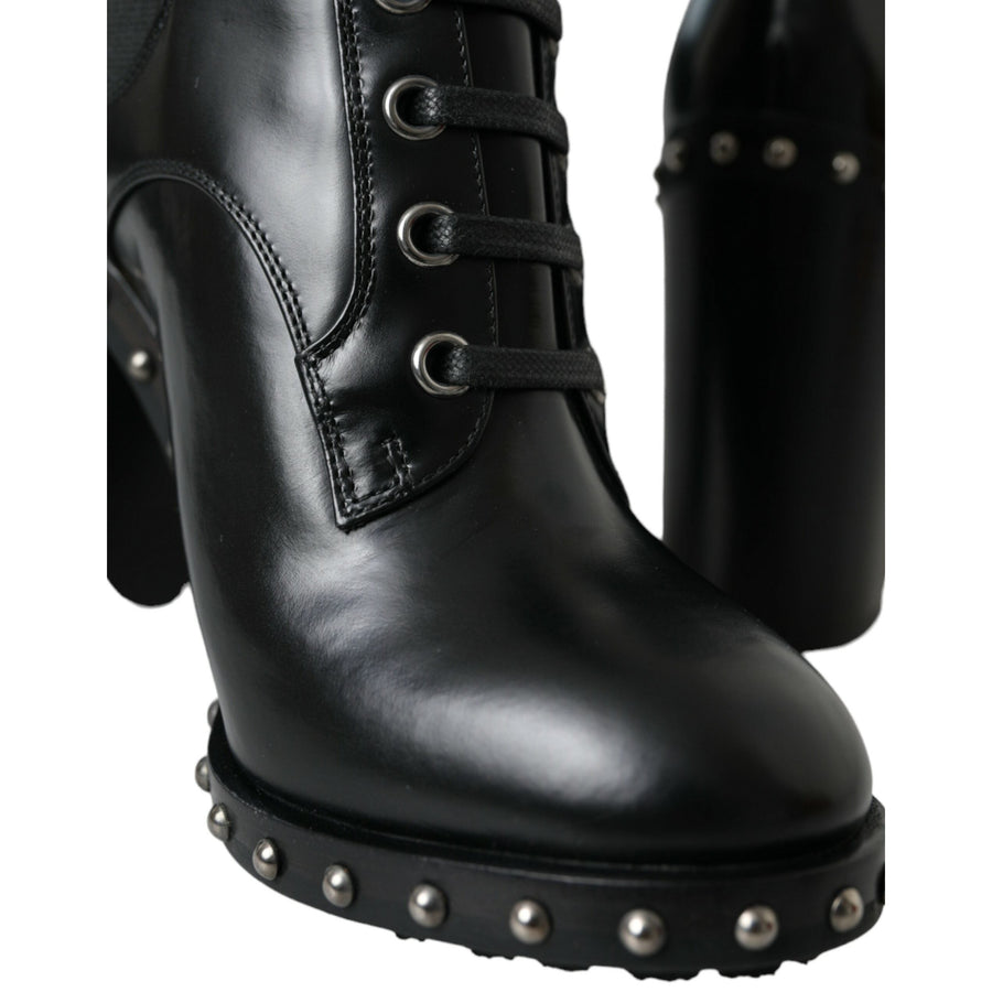 Dolce & Gabbana Black Leather Studded Lace Up Boots Shoes