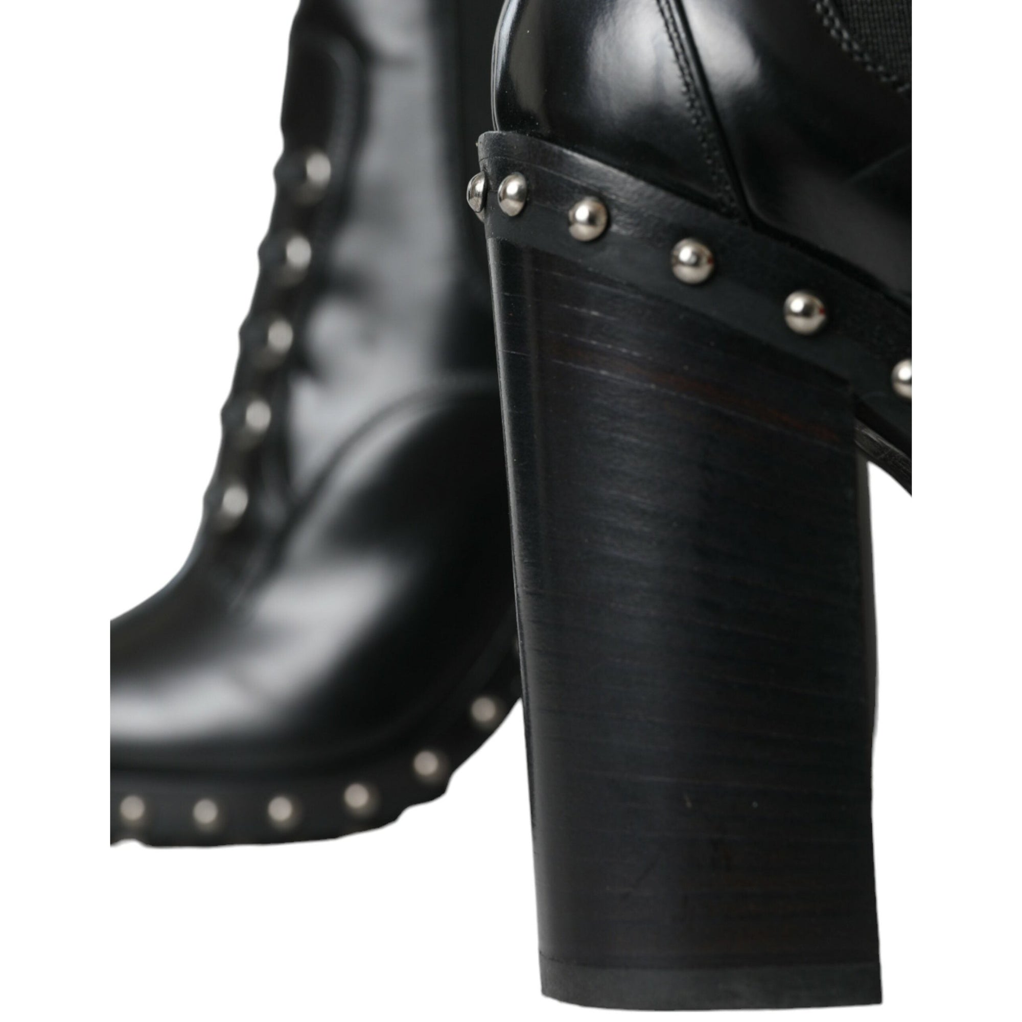 Dolce &amp; Gabbana Black Leather Studded Lace Up Boots Shoes