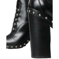 Dolce & Gabbana Black Leather Studded Lace Up Boots Shoes