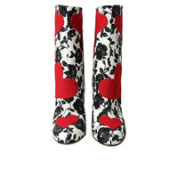 Dolce & Gabbana White Floral Hearts Leather High Boots Shoes