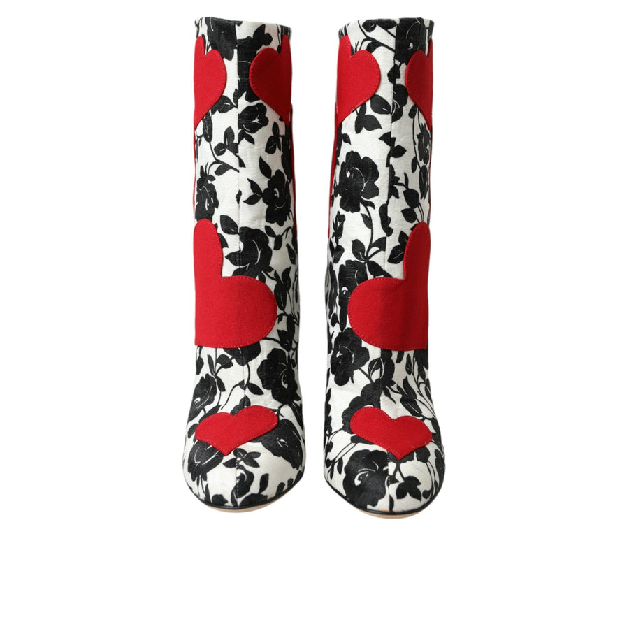 Dolce & Gabbana White Floral Hearts Leather High Boots Shoes