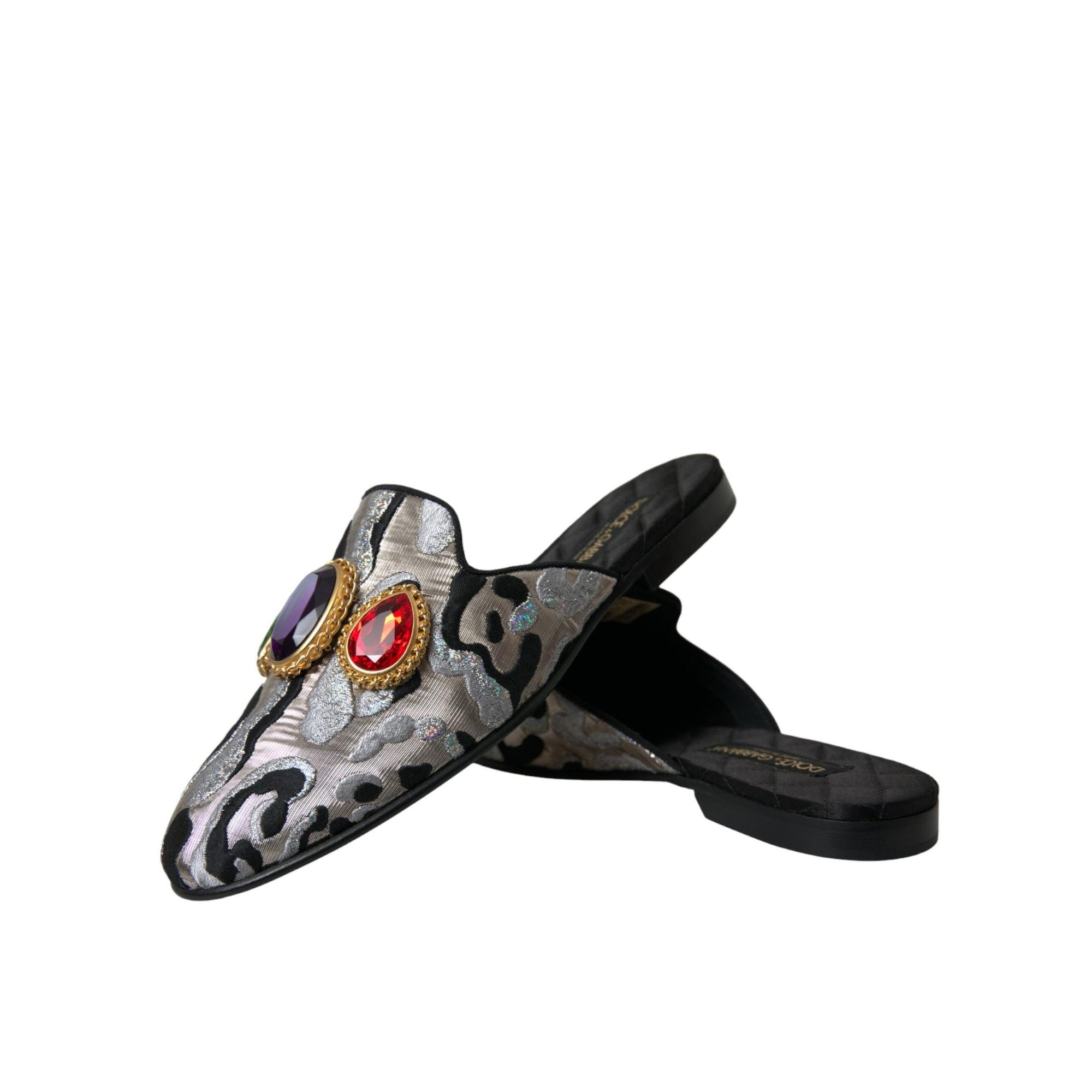 Dolce &amp; Gabbana Gray Jacquard Crystal Mule Flat Sandals Shoes