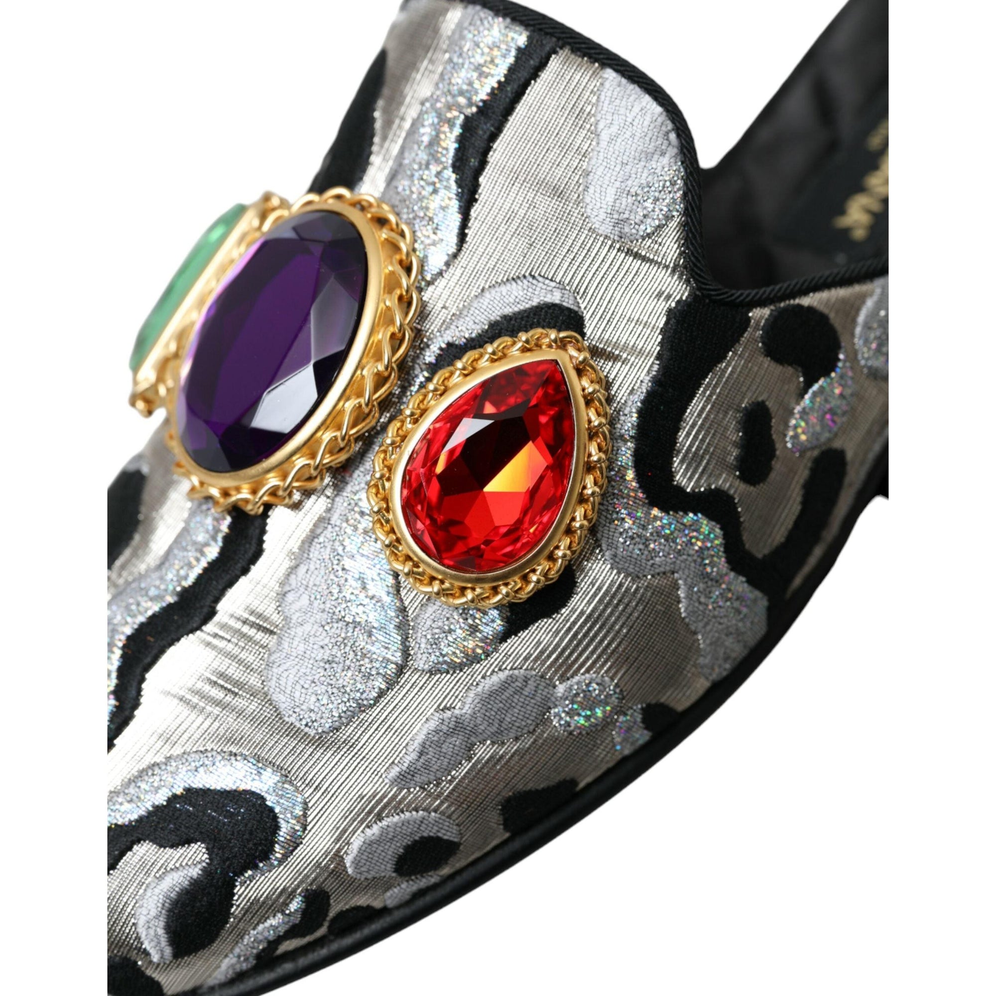 Dolce &amp; Gabbana Gray Jacquard Crystal Mule Flat Sandals Shoes