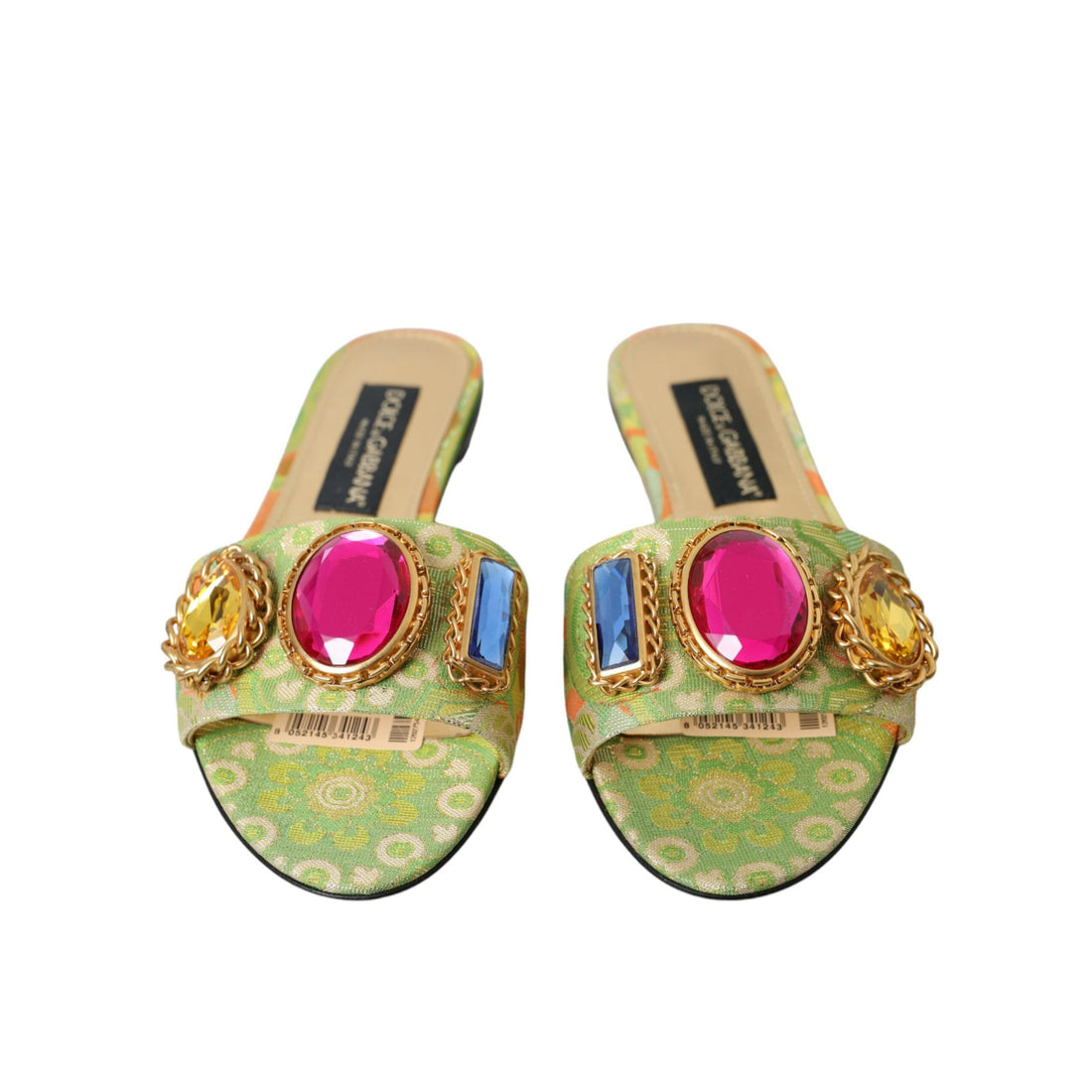 Dolce & Gabbana Green Crystal Jacquard Flats Sandals Shoes