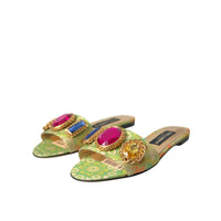 Dolce & Gabbana Green Crystal Jacquard Flats Sandals Shoes