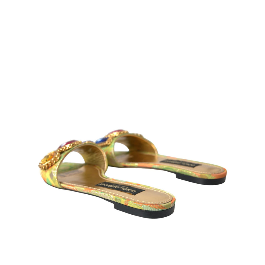 Dolce & Gabbana Green Crystal Jacquard Flats Sandals Shoes