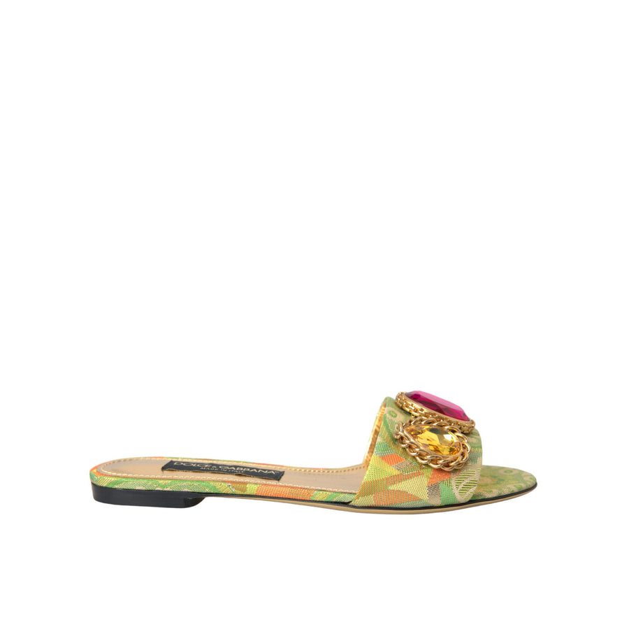 Dolce & Gabbana Green Crystal Jacquard Flats Sandals Shoes