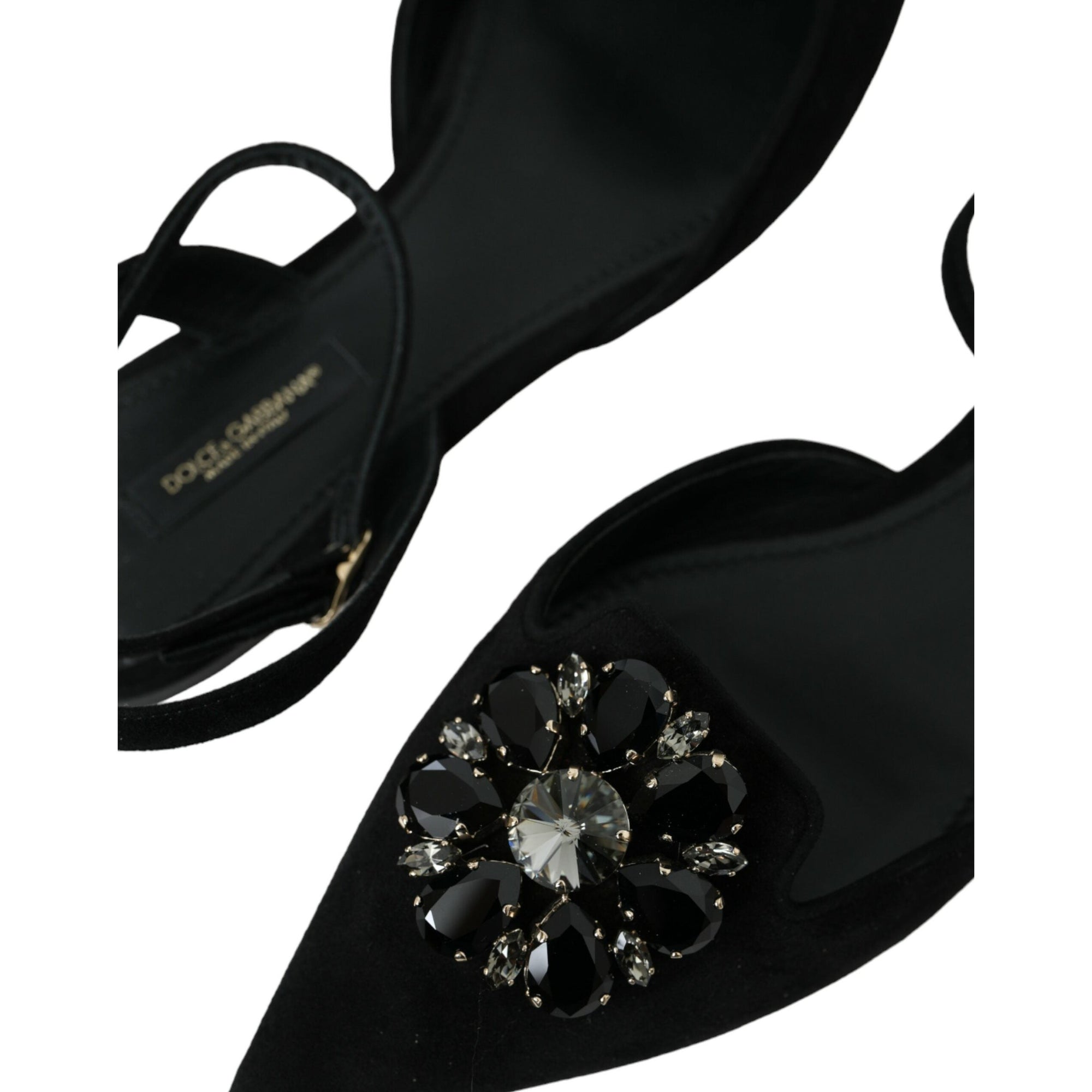Dolce &amp; Gabbana Black Leather Crystal Slingback Sandals Shoes