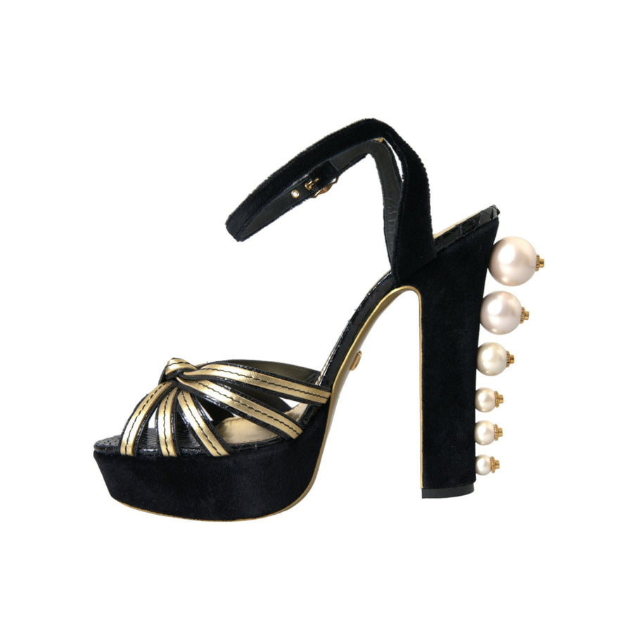 Dolce & Gabbana Black Gold Embellished Heels Sandals Shoes