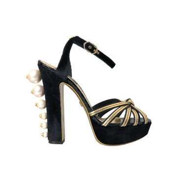 Dolce & Gabbana Black Gold Embellished Heels Sandals Shoes