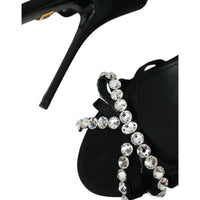 Dolce & Gabbana Black Viscose Crystal Bow Heels Sandals Shoes