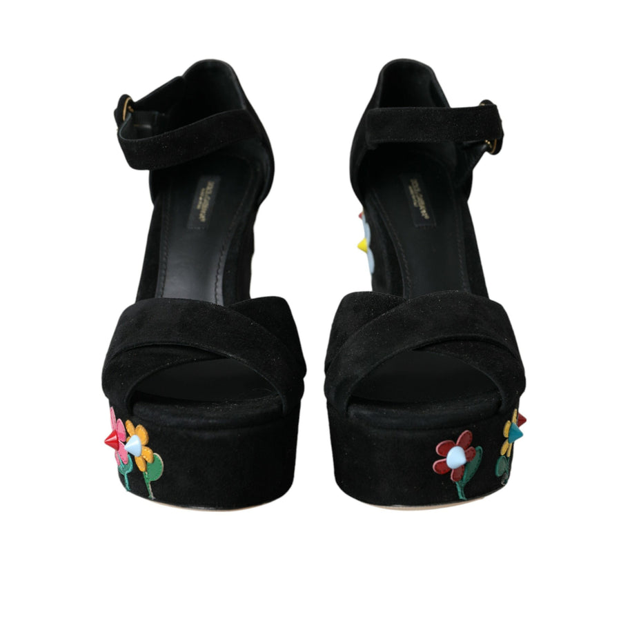 Dolce & Gabbana Black Floral Ankle Strap Heels Sandals Shoes