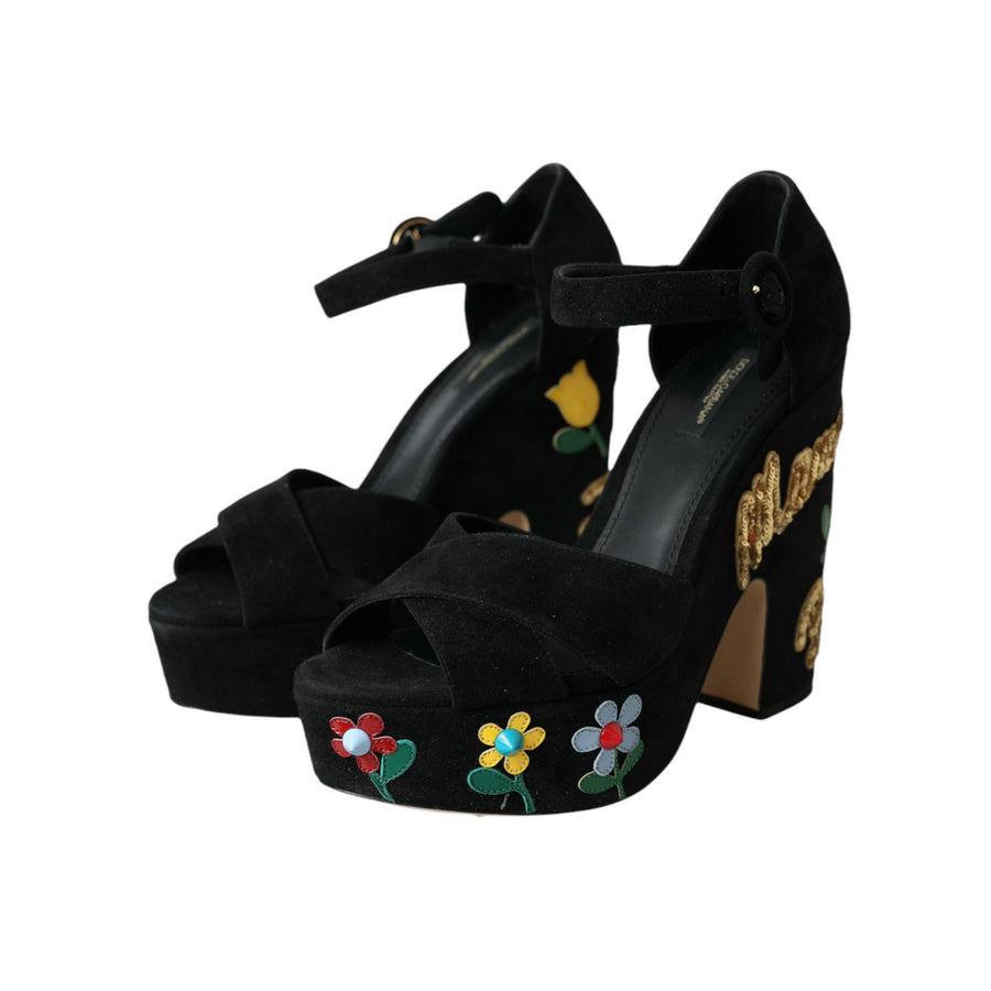 Dolce & Gabbana Black Floral Ankle Strap Heels Sandals Shoes