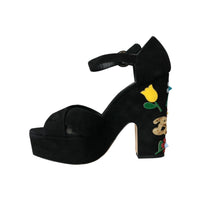 Dolce & Gabbana Black Floral Ankle Strap Heels Sandals Shoes