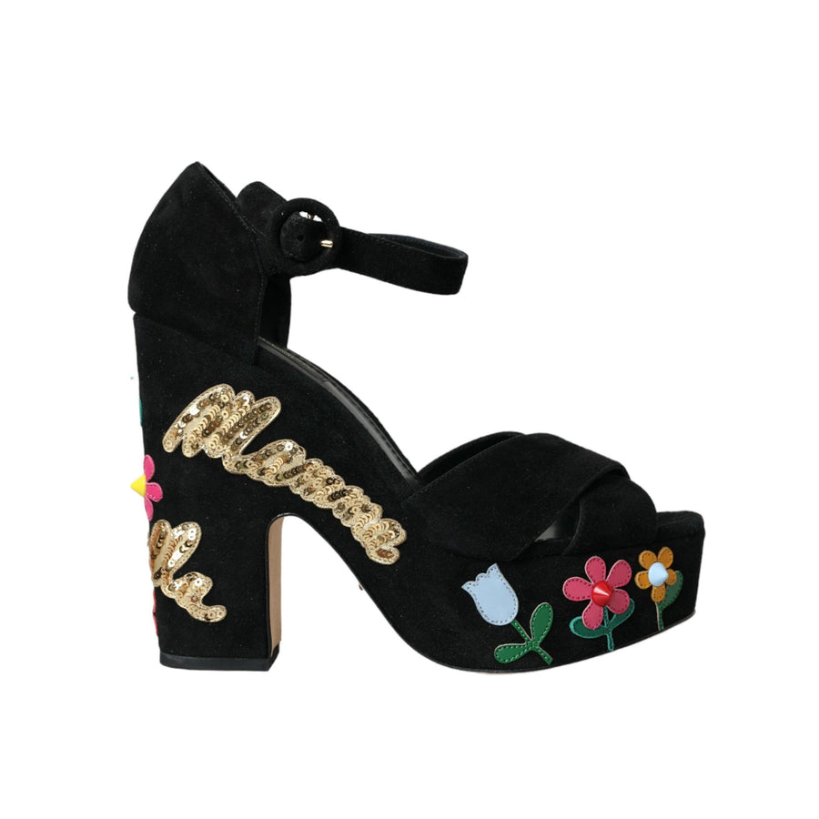 Dolce & Gabbana Black Floral Ankle Strap Heels Sandals Shoes