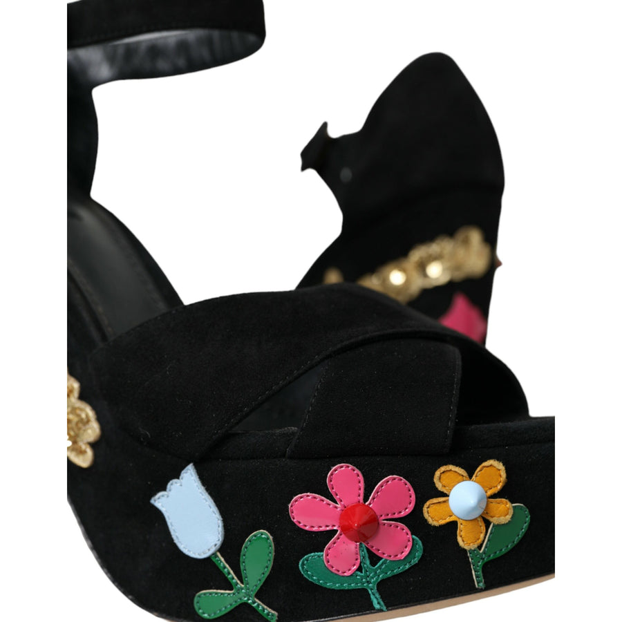 Dolce & Gabbana Black Suede Ankle Strap Heels Sandals Shoes