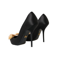 Dolce & Gabbana Black Satin Bow Crystal Heels Pumps Shoes