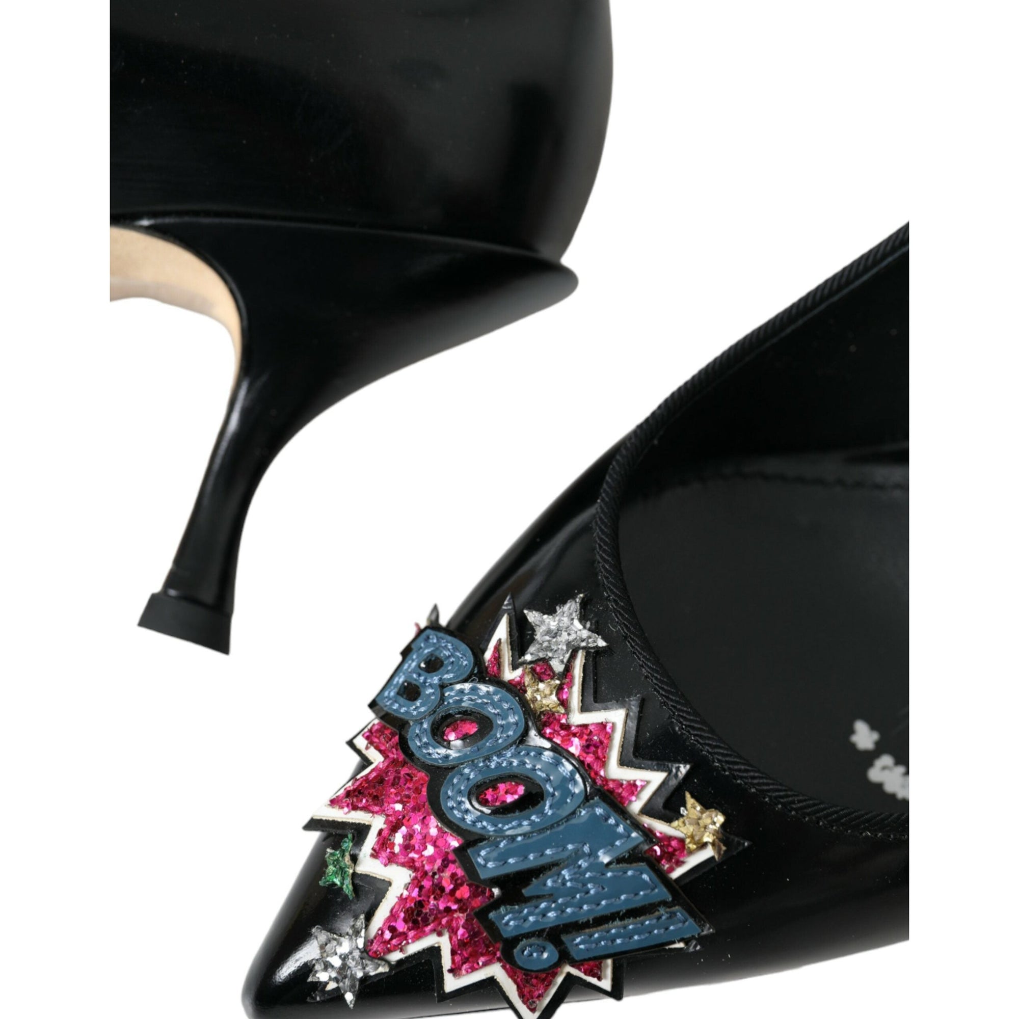 Dolce &amp; Gabbana Black Leather BOOM Patch Heels Pumps Shoes