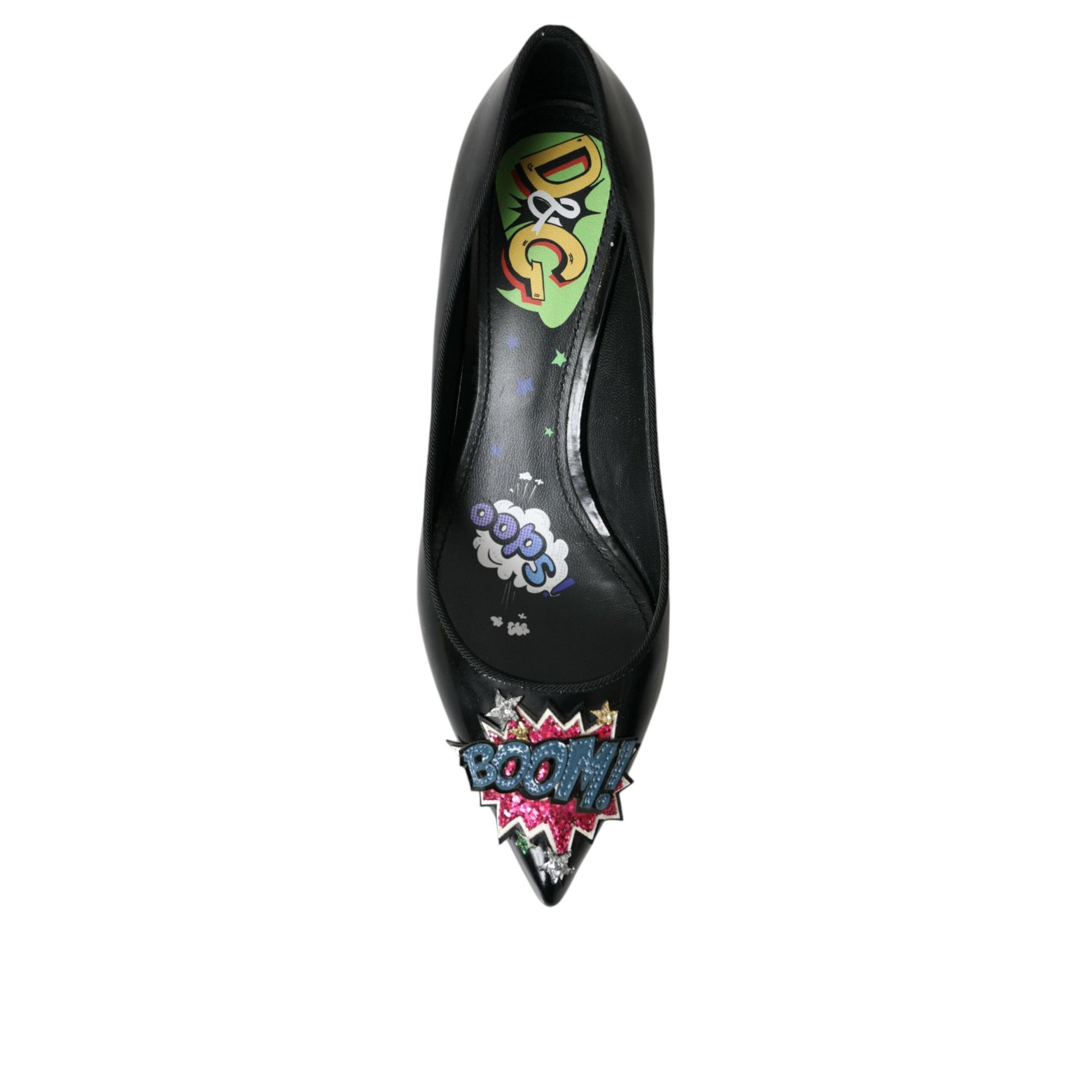 Dolce &amp; Gabbana Black Leather BOOM Patch Heels Pumps Shoes