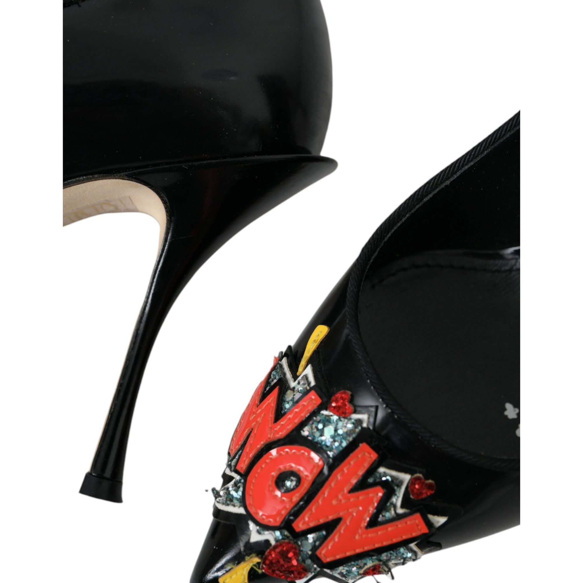 Dolce &amp; Gabbana Black Leather WOW Patch Heels Pumps Shoes