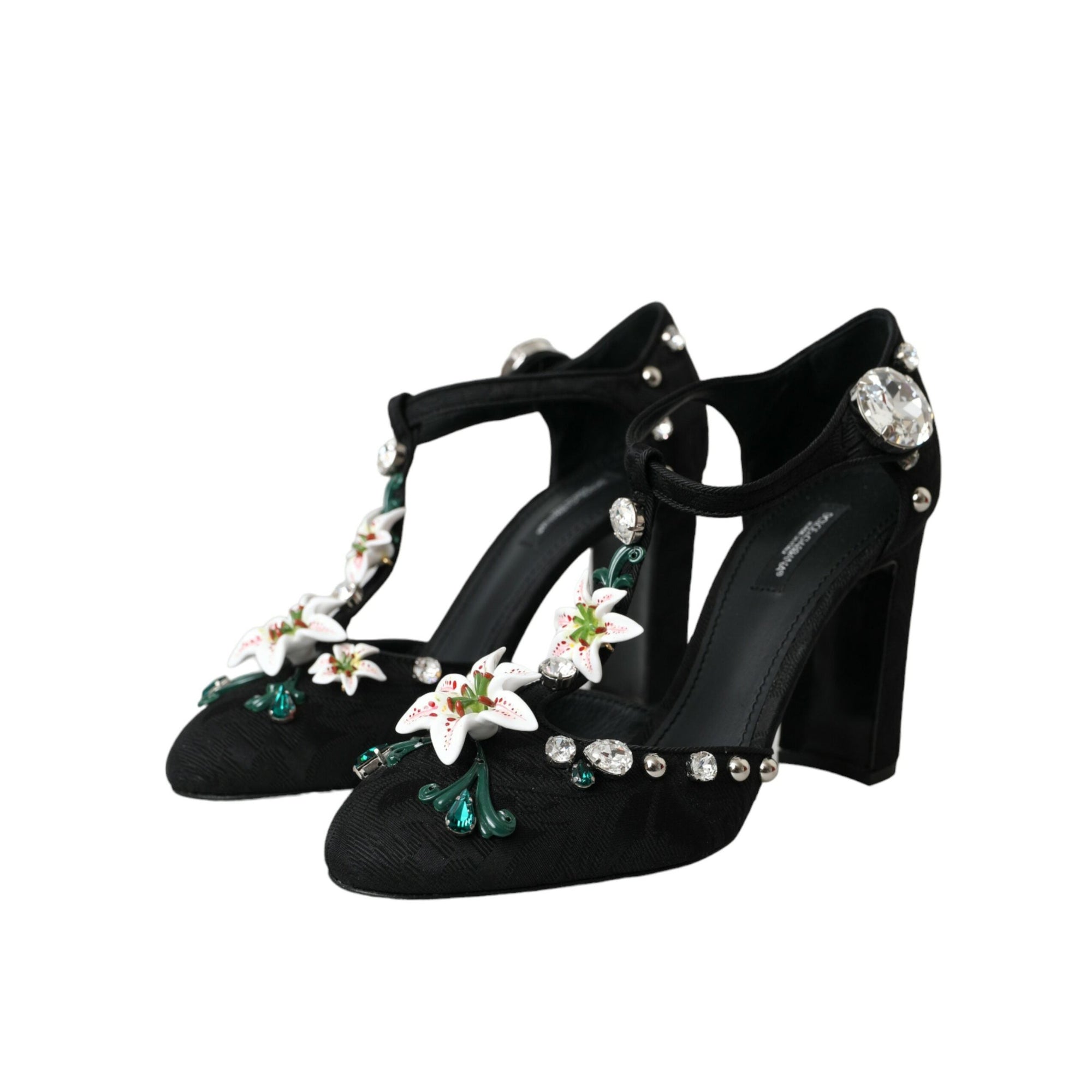 Dolce &amp; Gabbana Black Lilies Crystal Heels Pumps Shoes