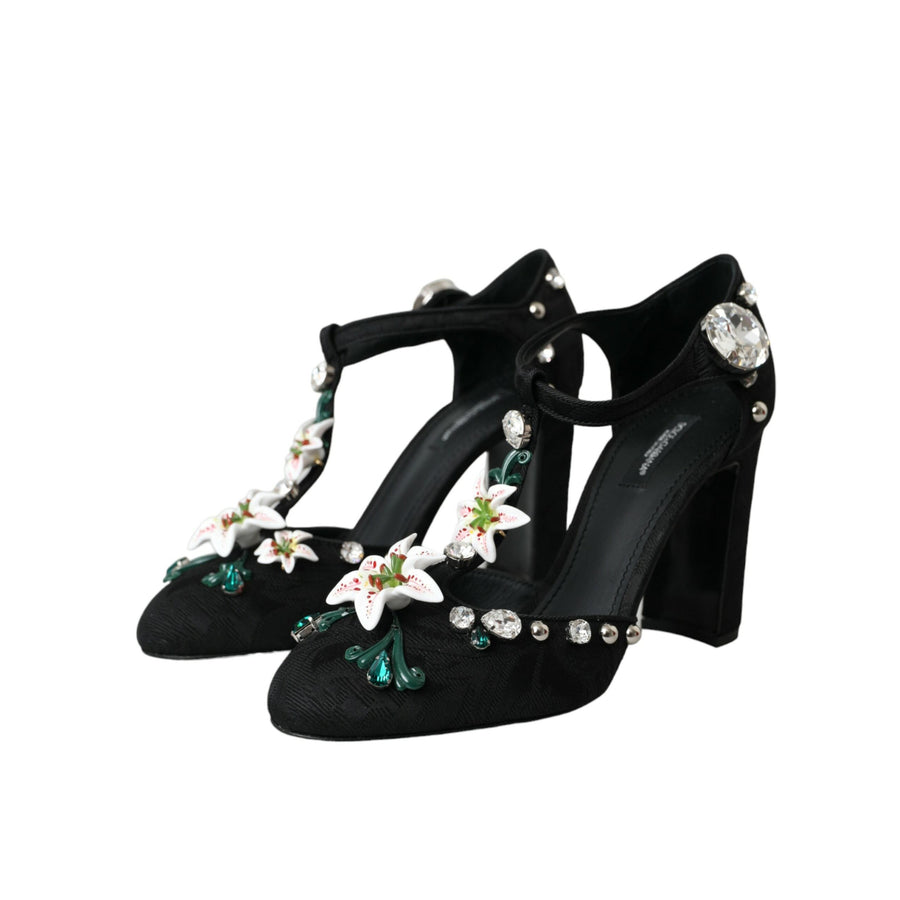 Dolce & Gabbana Black Lilies Crystal Heels Pumps Shoes