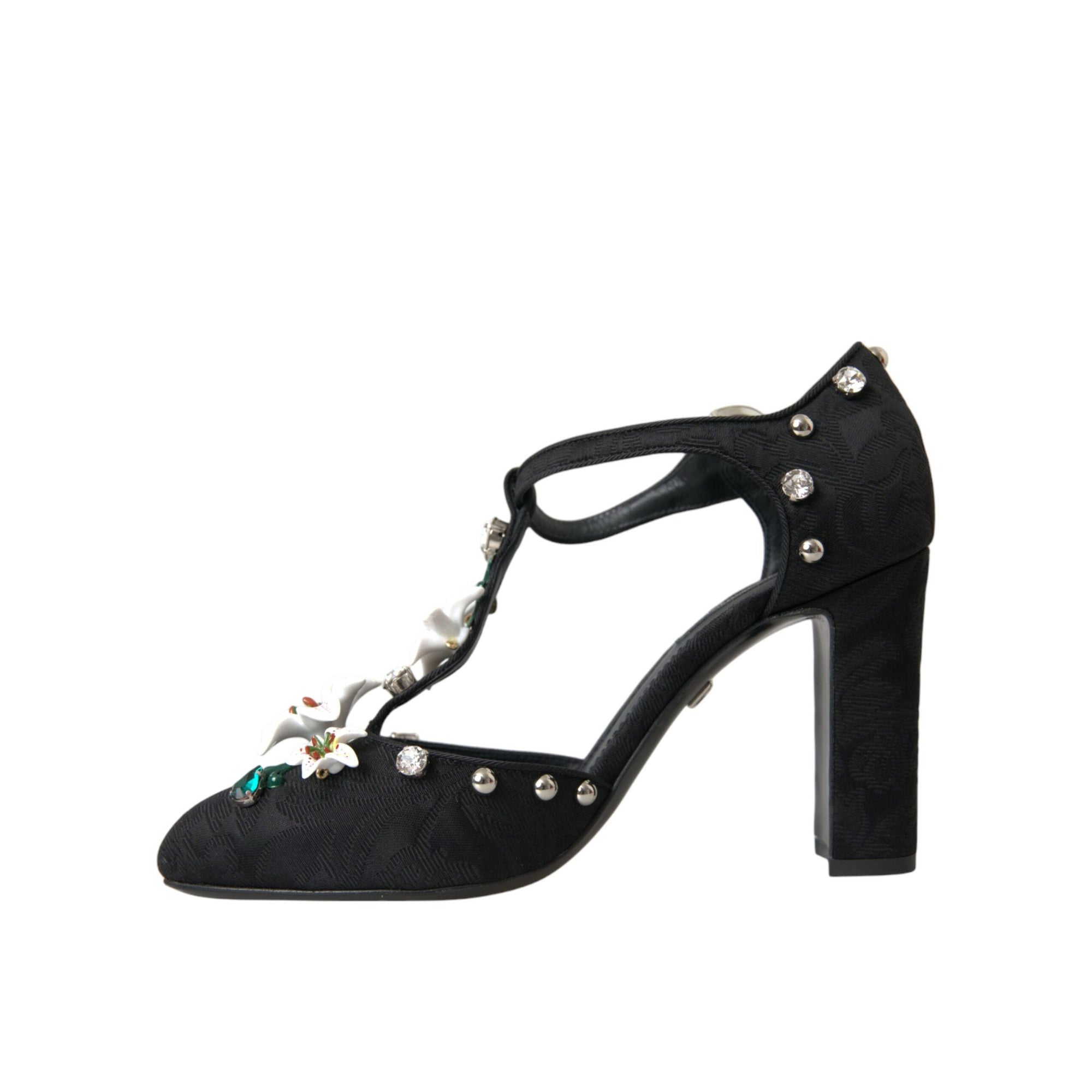 Dolce &amp; Gabbana Black Lilies Crystal Heels Pumps Shoes