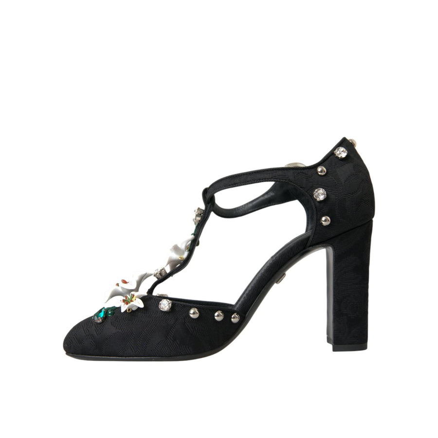 Dolce & Gabbana Black Lilies Crystal Heels Pumps Shoes