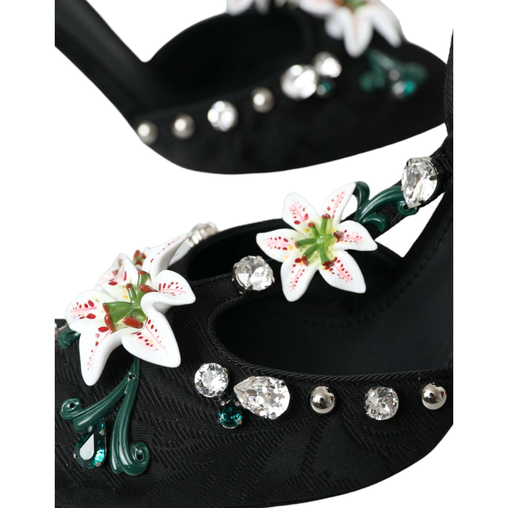 Dolce &amp; Gabbana Black Lilies Crystal Heels Pumps Shoes