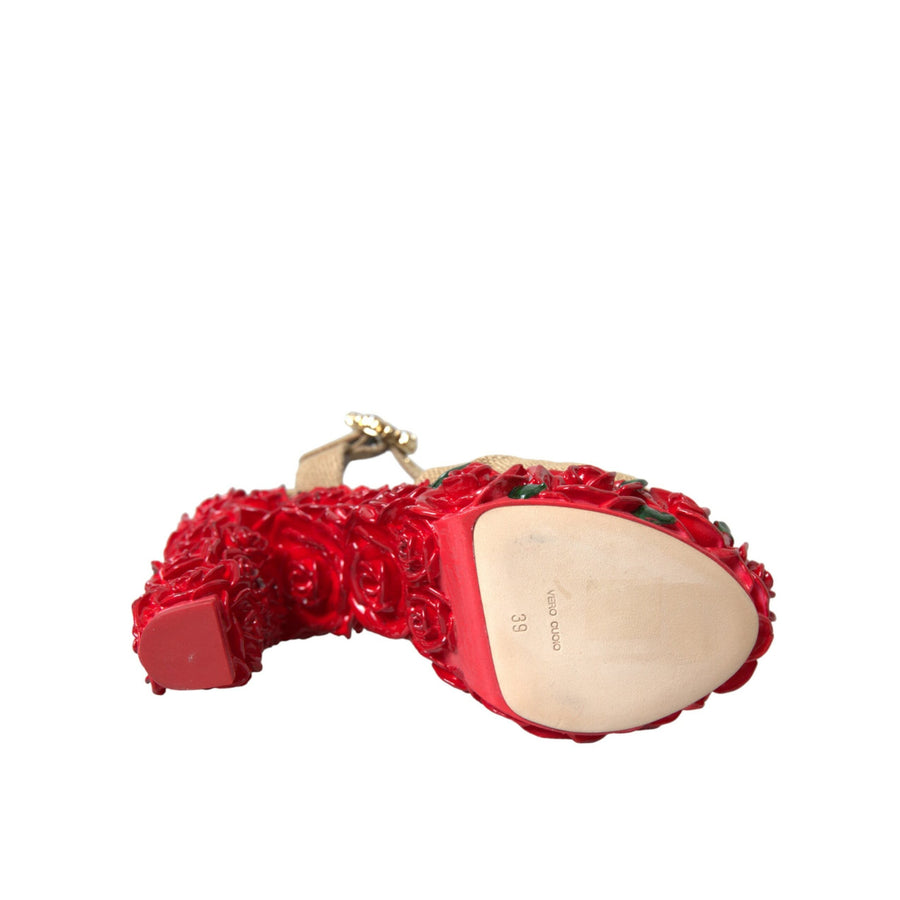 Dolce & Gabbana Red Roses Crystal Platform Sandals Shoes