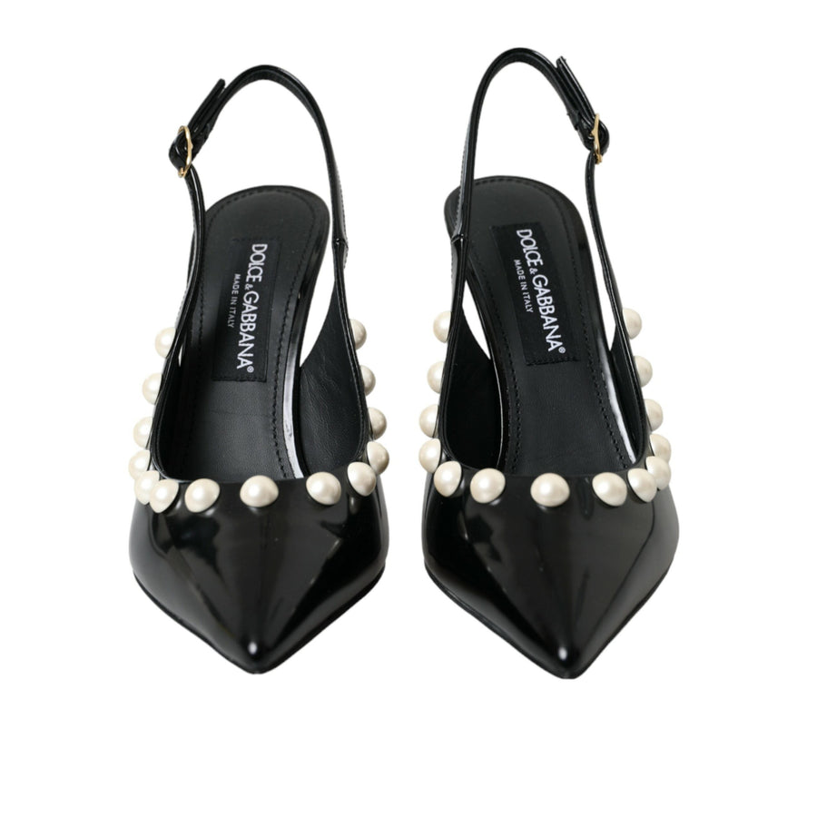 Dolce & Gabbana Black Leather Faux Pearl Heel Slingback Shoes