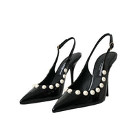 Dolce & Gabbana Black Leather Faux Pearl Heel Slingback Shoes